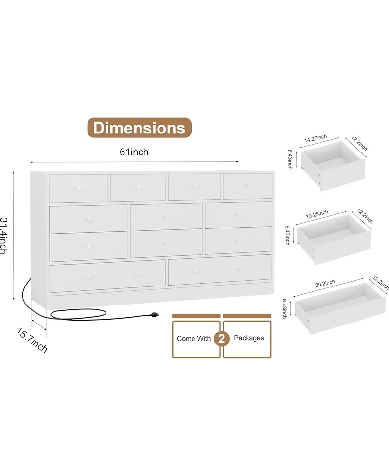 gaomon 12-Drawer Bedroom Dresser, Wood Storage Chest with Power Outlet, Large 61" Wide Organizer for Bedroom, Hallway, Living Room