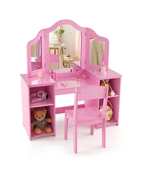Gymax Kids Vanity 2 1 Princess Makeup Desk & Chair Set Safe Tri-fold Mirror