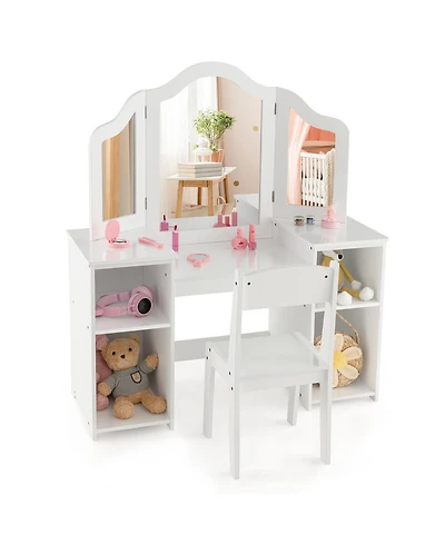 Gymax Kids Vanity 2 1 Princess Makeup Desk and Chair Set Safe Tri-fold Mirror