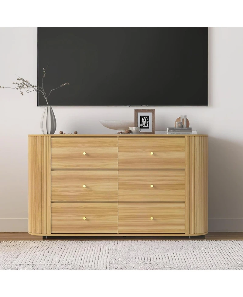 gaomon 60in Mid Century Wooden Dresser with 6 Drawers 2 Sliding Doors, Oak Fluted Storage Cabinet