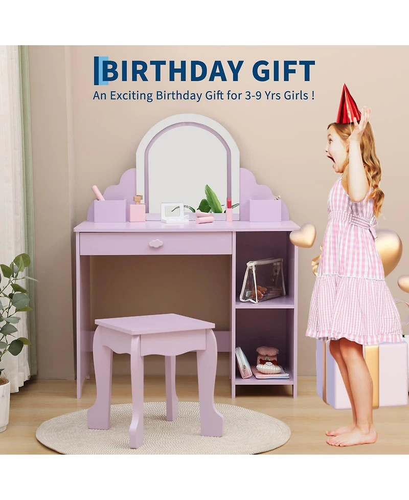 gaomon Kids Vanity with Lighted Mirror & Stool, Little Girls Vanity with Adjustable Led Light, Storage Drawer & Shelves for Girls 3-9