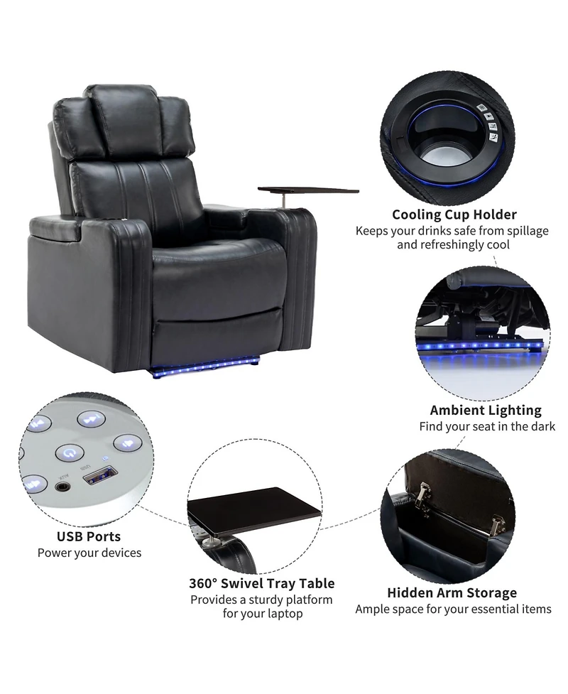Streamdale Furniture Pu Leather Power Recliner w/ Cooling Cup Holder Bluetooth & Usb