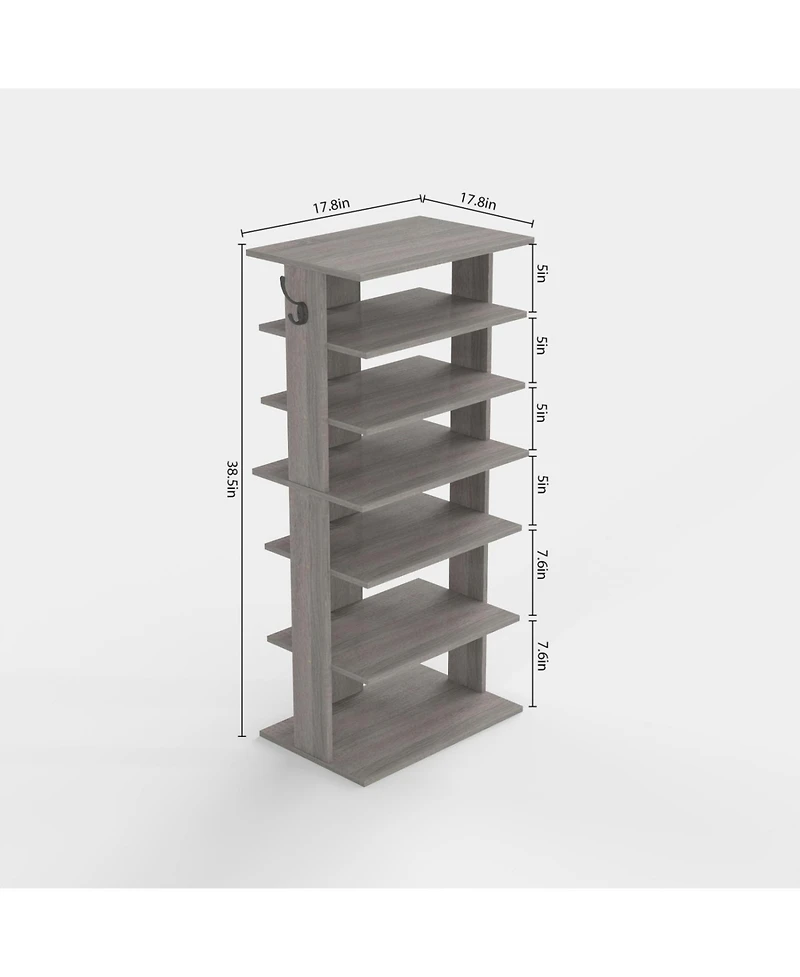 Streamdale 7-Tier Shoe Rack Organizer with Hooks, Entryway Shoe Tower, Rustic Gray