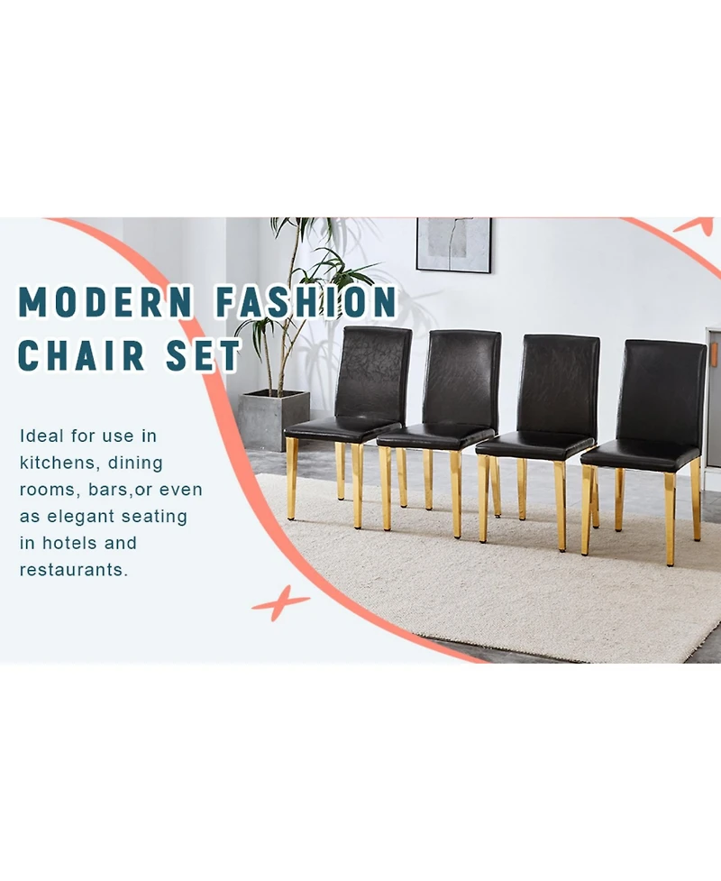 Streamdale Furniture Black Pu Leather Chairs with Gold Legs (Set of 4)