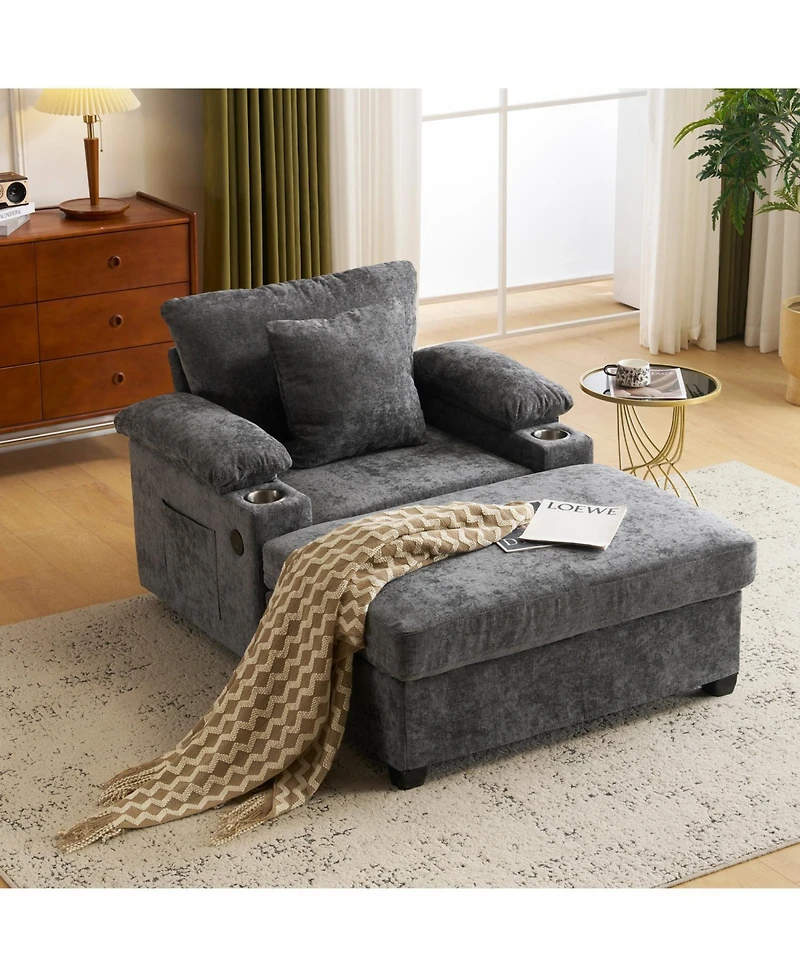 Streamdale Furniture Oversized Chenille Chair with Ottoman Usb & Cupholders