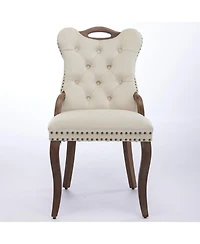 Streamdale Velvet Tufted Dining Chairs, Wood Handles & Legs, Copper Nails, Beige, Set of 2
