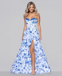 Blondie Nites Juniors' Printed Corset Ruffle Gown