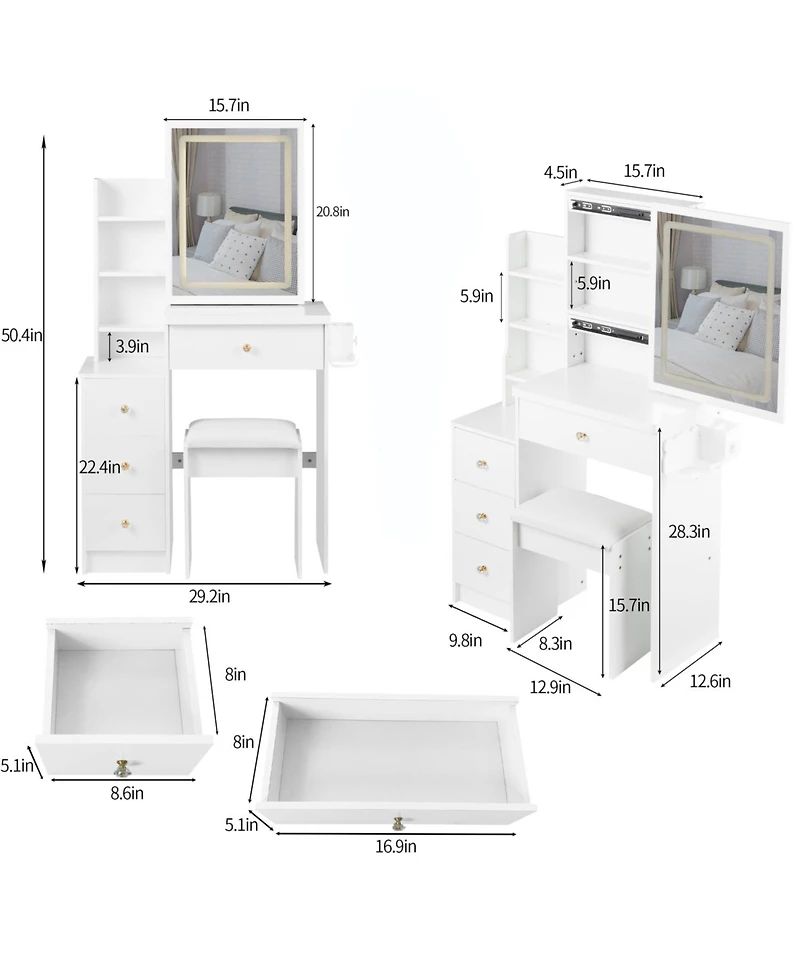 Streamdale Furniture Bedside Vanity Table with Sliding Led Mirror and Charging Station