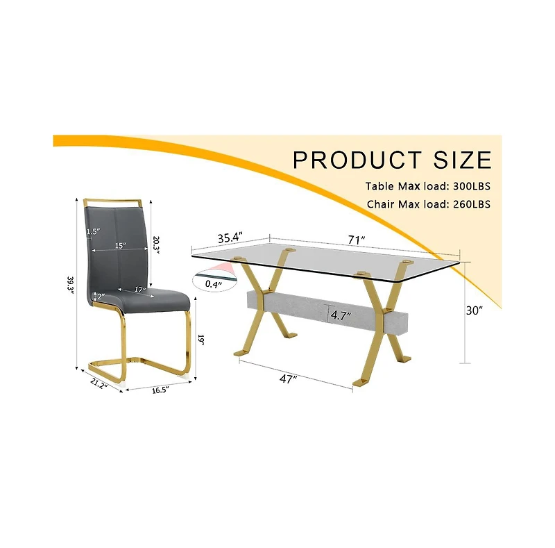 Streamdale Elegant Tempered Glass Dining Set (71"x35.4") with 8 Dark Gray Chairs