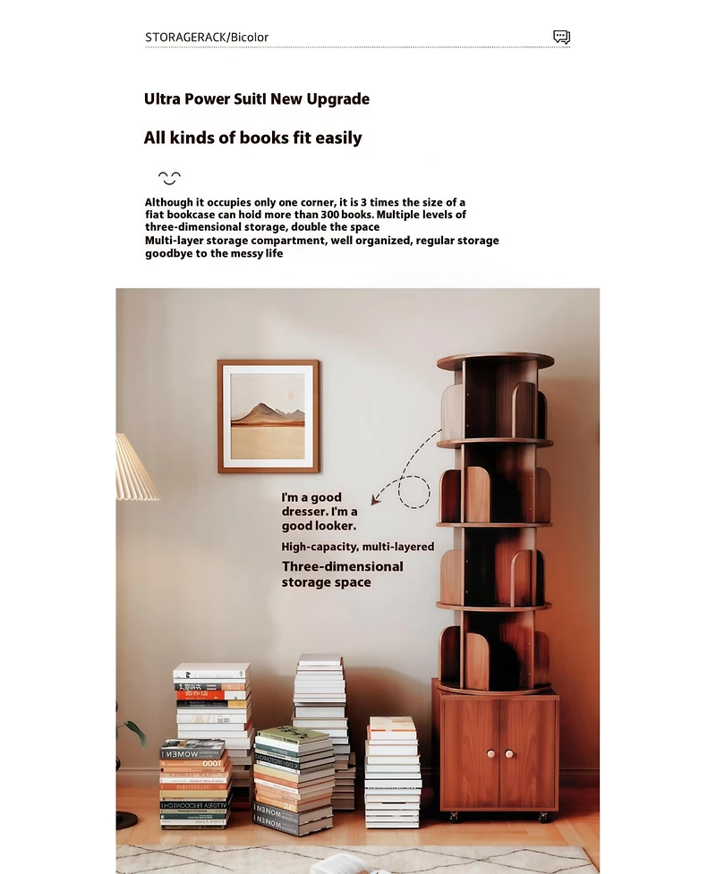 Streamdale Furniture Rotating 5-Tier Corner Bookshelf with Drawer