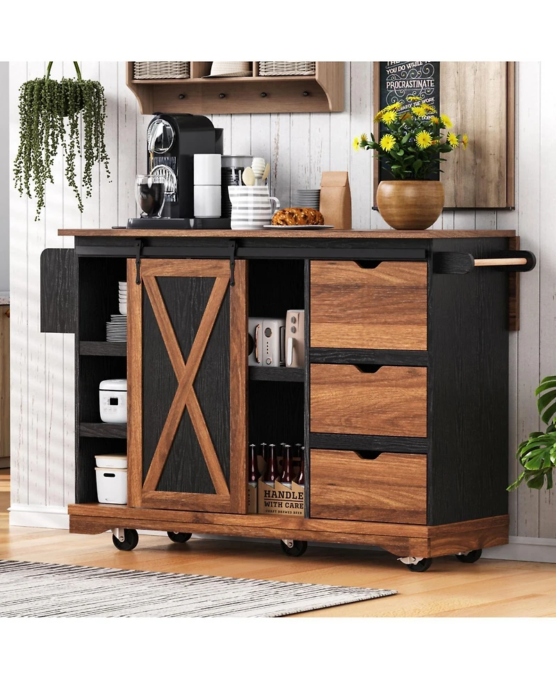 Streamdale Furniture Farmhouse Kitchen Island with Drop Leaf, Barn Door, Power, Rolling Cart