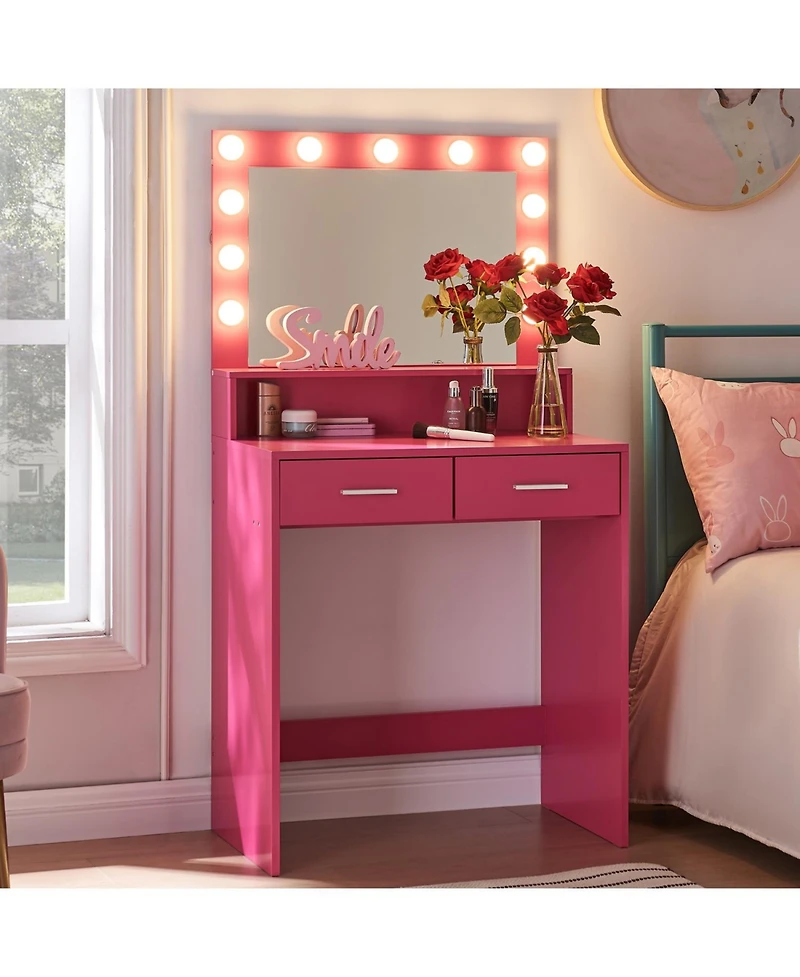 Streamdale Furniture Rose Pink Vanity Desk with Lighted Mirror & Drawers
