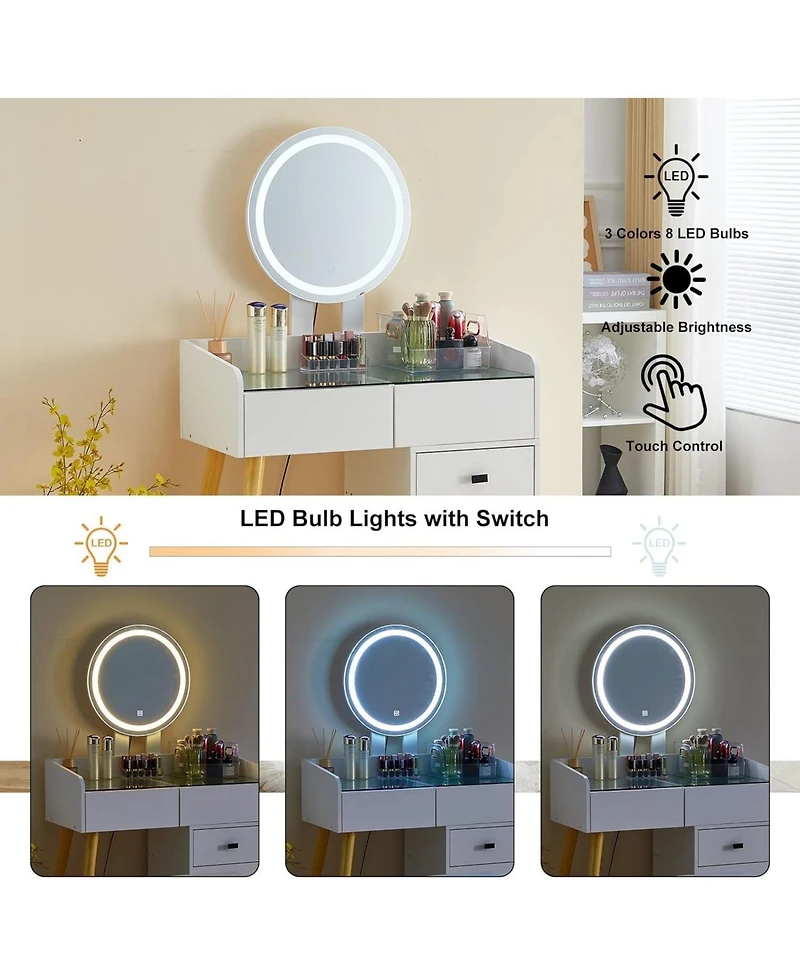 Streamdale Furniture Streamdale Led Glass Top Dressing Table with Ext. Table & Stool