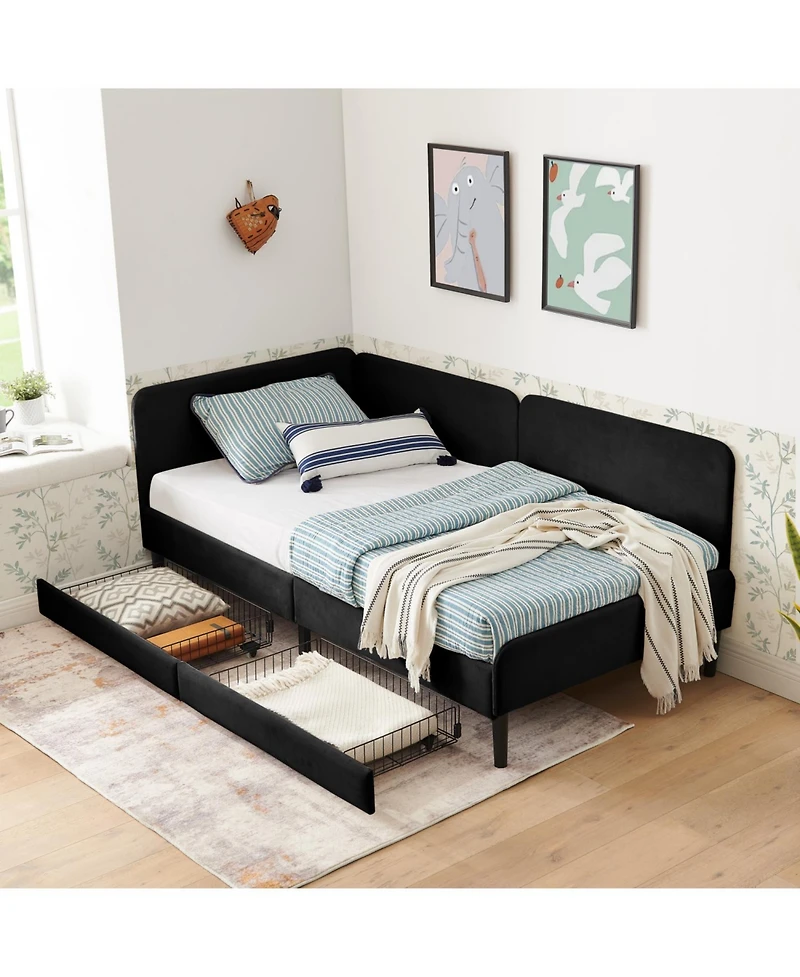 Streamdale Furniture Streamdale Twin Upholstered Platform Bed Frame w/ 2 Drawers, Black