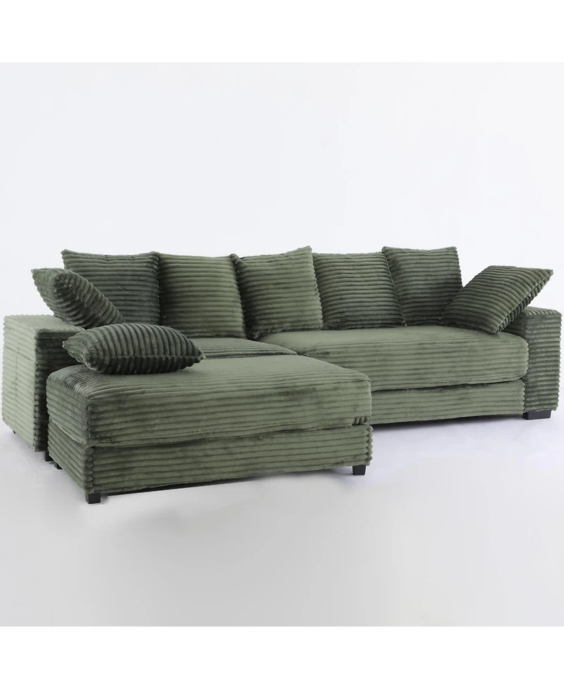 Streamdale Furniture Streamdale Corduroy Sectional Sofa w/ Ottoman & Pillows - Green