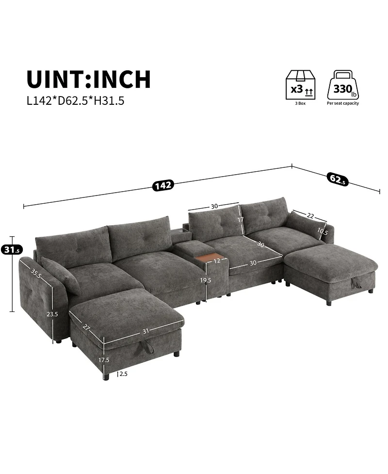 Streamdale Furniture Modular Sectional Sofa w/ Ottoman, Console, Usb Charger