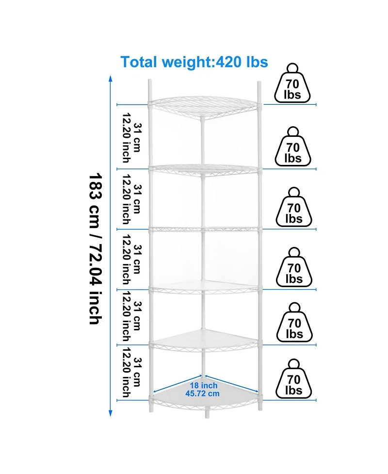 Streamdale Furniture 6-Tier Corner Wire Shelf - White