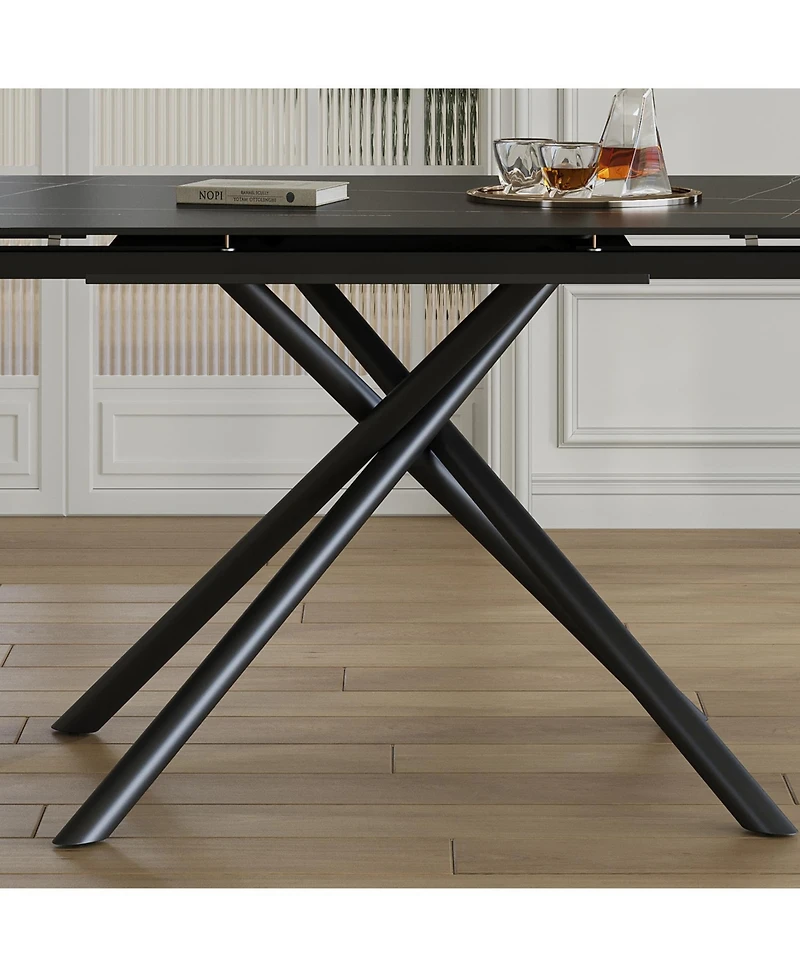 Streamdale Retractable Sintered Stone Dining Table, Black Steel Legs, 83 Inch (Black)