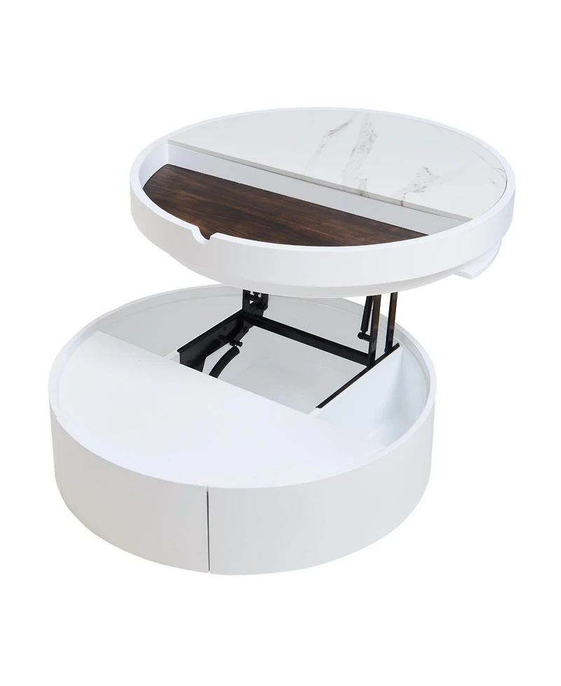 Streamdale White Round Lift Coffee Table, Marble/Wood Top, 29.5"