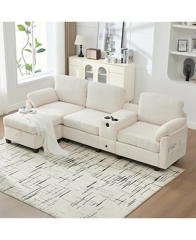Streamdale Furniture L-Shape Corduroy Sofa- 4-Seater, Usb, Storage