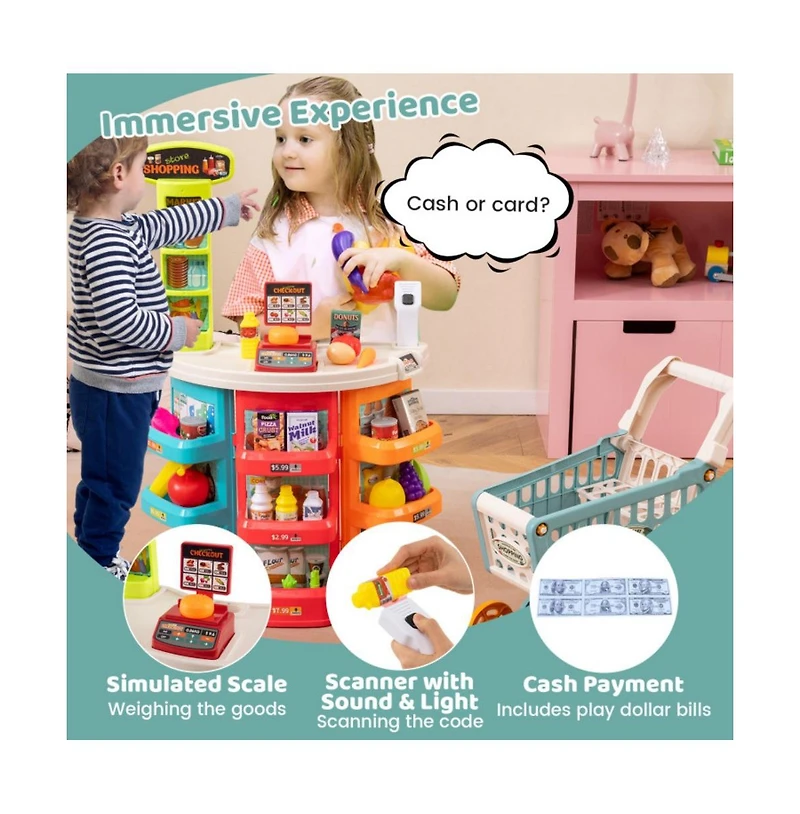 Hongge Kids Grocery Store Playset with Checkout Counter Shopping Cart and Pretend Food Accessories