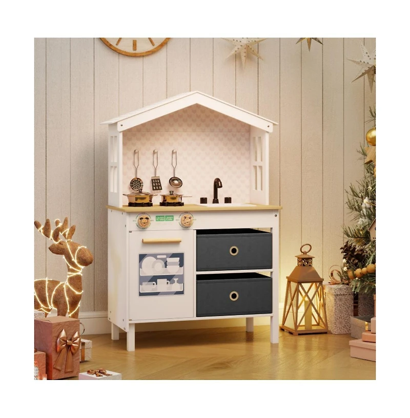 Hongge Kids Wooden Play Kitchen Set with Storage and Accessories for Imaginative Cooking