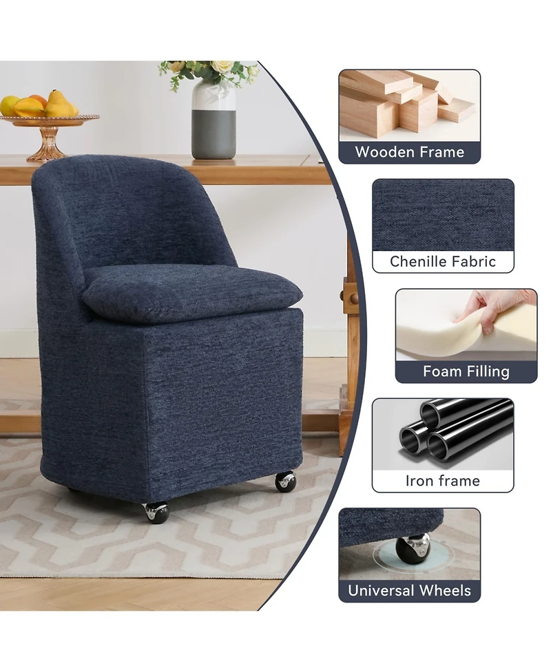 Streamdale Furniture Set of 2 Chenille Fabric Dining Chairs With Universal Wheels,Blue