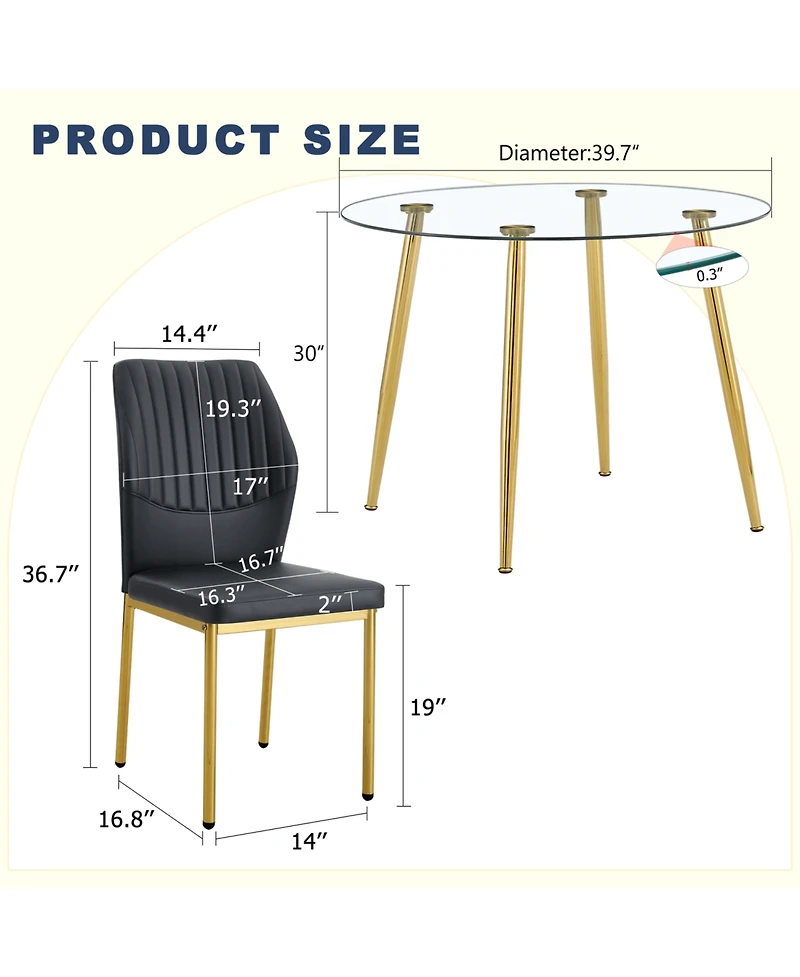 Streamdale Furniture 39.7" Glass Dining Table & 4 Pu Chairs - Gold Legs
