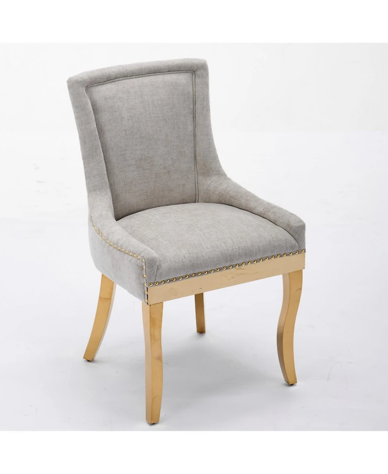 Streamdale Furniture Chenille Dining Chairs, Gold Legs, Rivet Trim, Beige, Set of 2