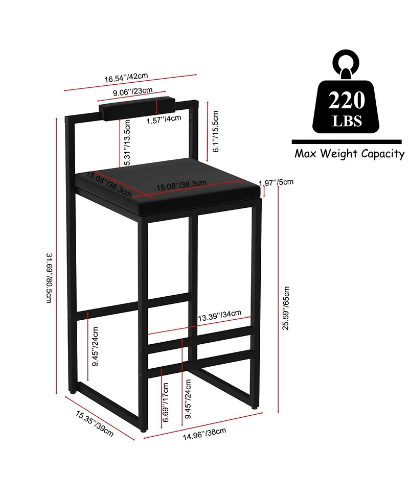 Streamdale Furniture Velvet Bar Stools Set of 2 - Counter Height Kitchen Chairs (Black