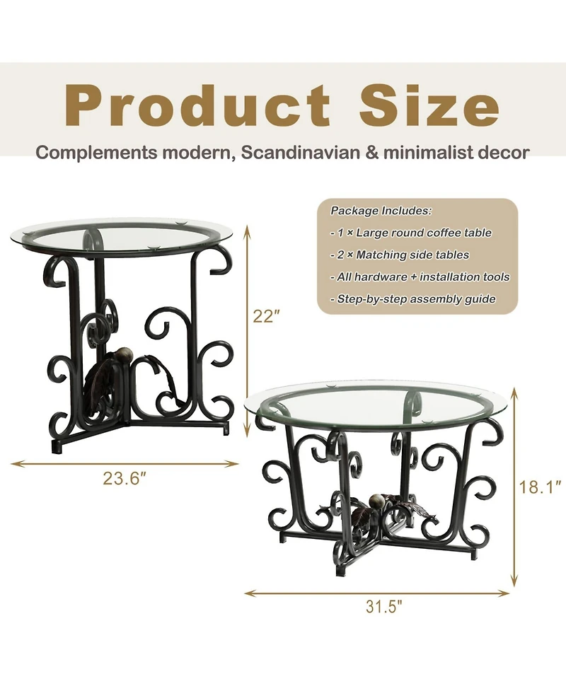 Streamdale Furniture Streamdale 3-Piece Glass Coffee Table Set- Modern Metal Frame, Easy Clean