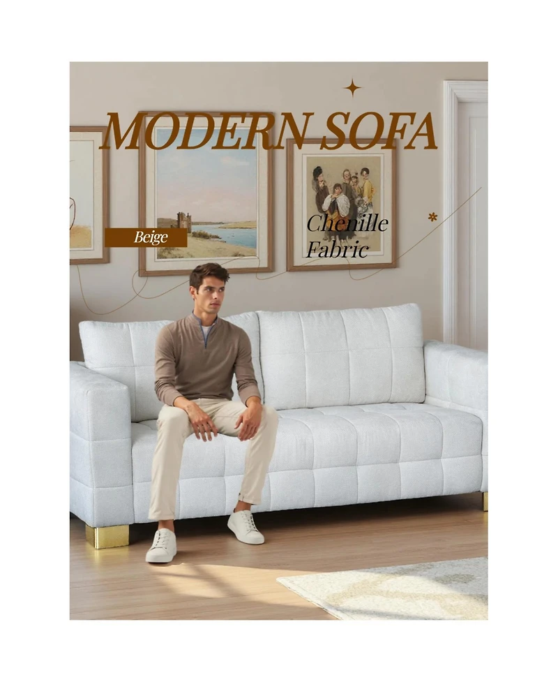 Streamdale Furniture Streamdale Chenille Box-Tufted Sofa with Stainless Steel Legs