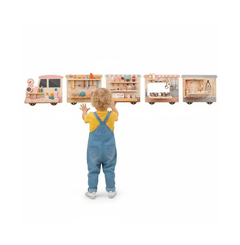 Kids Wall Mounted Sensory Activity Train with Five Skill Building Play Stations