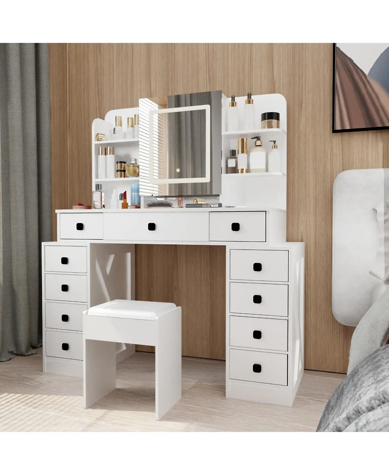 Streamdale Furniture Farmhouse Vanity Desk with Mirror, Lights, and Charging