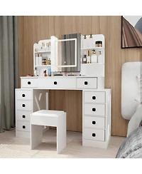 Streamdale Furniture Farmhouse Vanity Desk with Mirror, Lights, and Charging