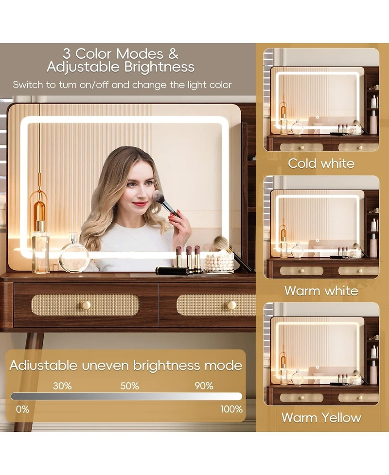 Streamdale Furniture 47" Lighted Vanity Desk with Rattan Drawers - Dark Walnut