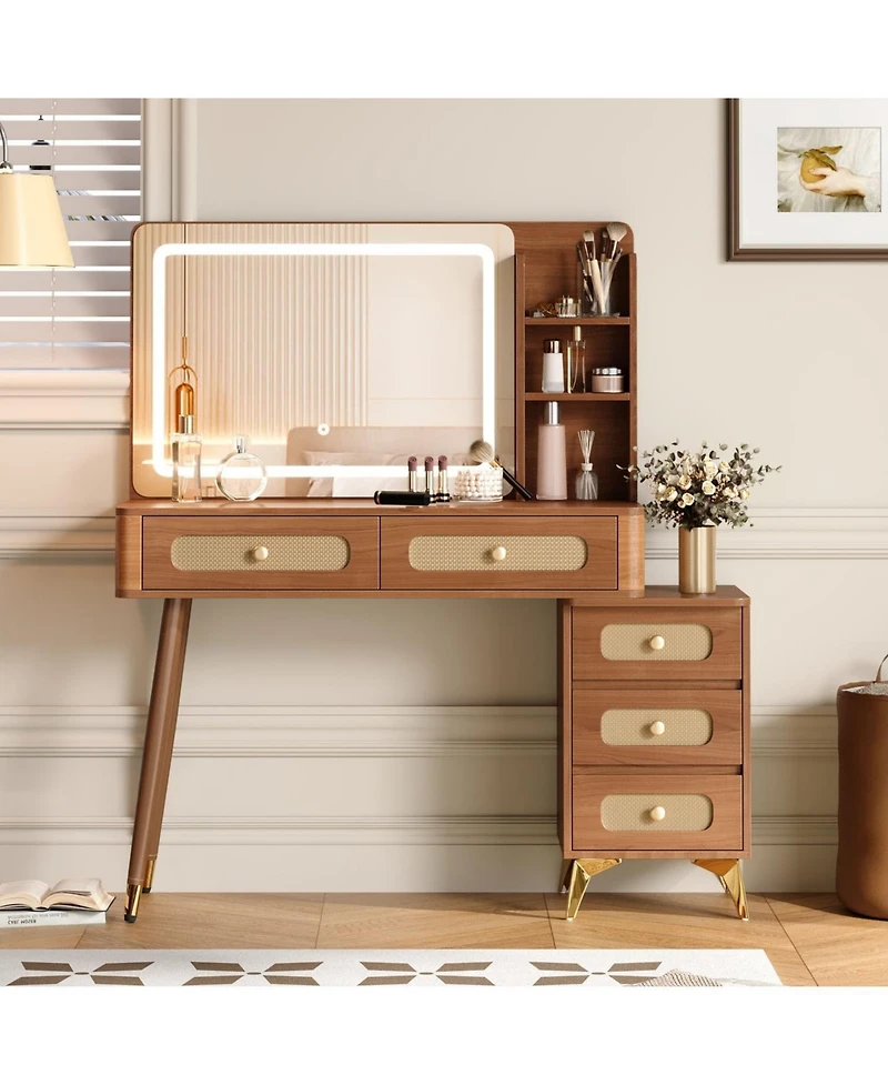 Streamdale Furniture 47" Lighted Vanity Desk with Rattan Drawers - Dark Walnut