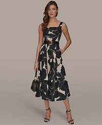 Donna Karan New York Women's Sleeveless Square Neck Floral A-Line Midi Dress