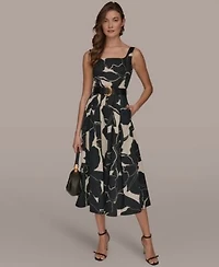 Donna Karan New York Womens Sleeveless Square Neck Floral A Line Midi Dress