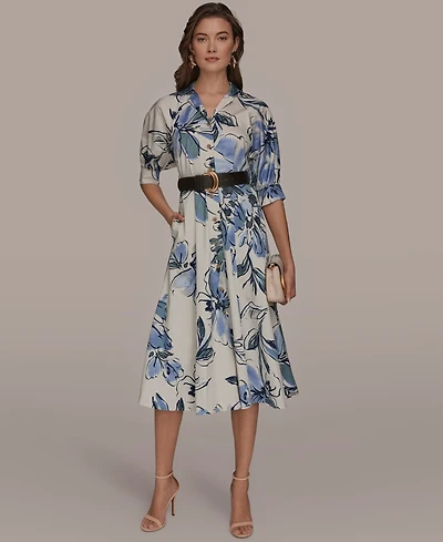 Donna Karan New York Women's Spread Collar Floral Midi Shirt Dress
