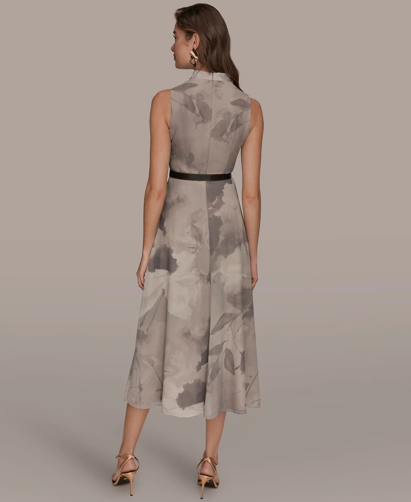 Donna Karan New York Women's Sleeveless Cowl Neck Floral Print Belted A-Line Midi Dress