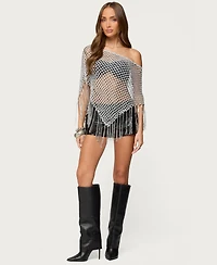Edikted Women's Evette Fringe Open Knit Metallic Poncho