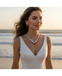 Bling Jewelry Art Deco Style Ruby Red Cz Cubic Zirconia Statement Bib Necklace and Teardrop Earrings Jewelry Set