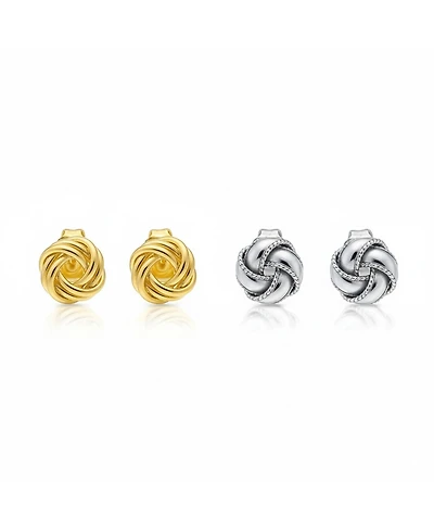 Bling Jewelry Classic Set of 2 Love Knot Ball Silver Braided Edge & Gold Plated Twisted Rope Stud Earrings Sterling Silver