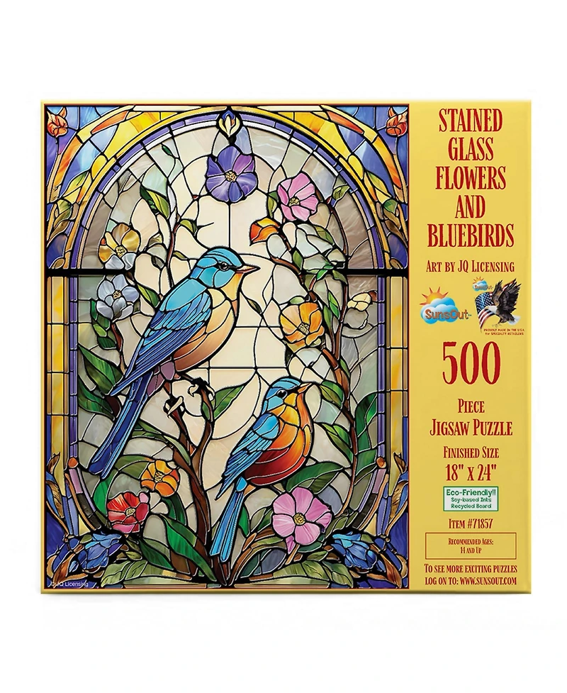 SunsOut Stained Glass Flowers and Bluebirds 500 piece Jigsaw Puzzle for Adults