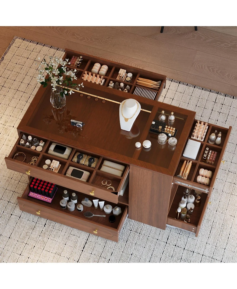 Streamdale Furniture Walnut Closet Island with Drawers, Glass Top, Shelves & Jewelry Storage