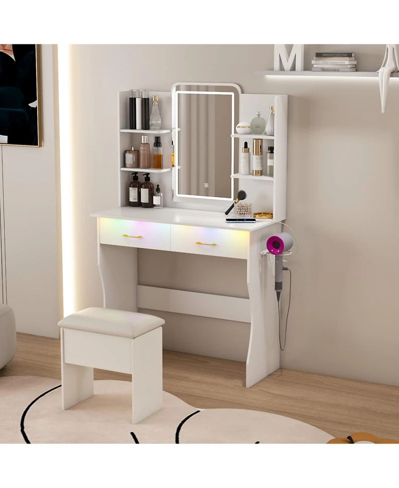 Streamdale Furniture Vanity Desk with Led Lights Mirror, Power Outlet, Drawers & Chair - White