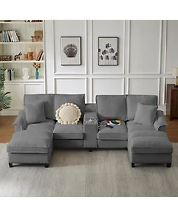 Streamdale Furniture 120" Corduroy Sectional Sofa Bed w/Storage, U-Shape, 4-Seater, Cup Holders