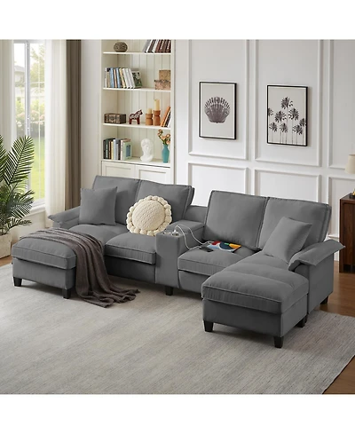 Streamdale Furniture 120" Corduroy Sectional Sofa Bed w/Storage, U-Shape, 4-Seater, Cup Holders