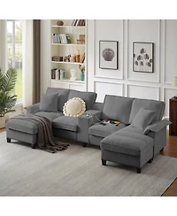 Streamdale Furniture 120" Corduroy Sectional Sofa Bed w/Storage, U-Shape, 4-Seater, Cup Holders